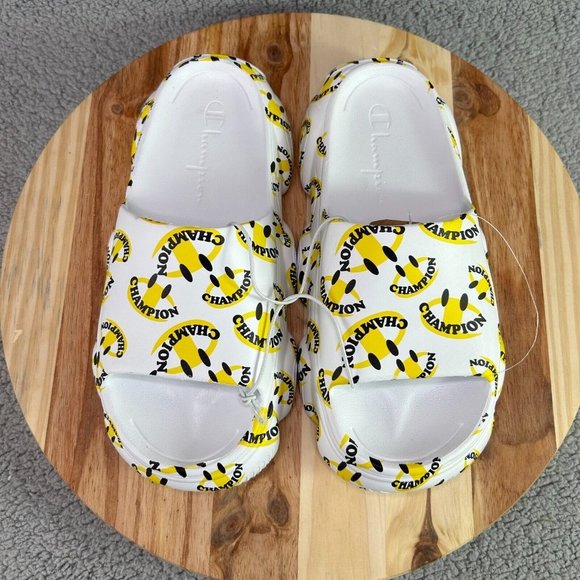 Champion Men\'s Meloso Squish Smile Slides Sandals White Black Yellow Sz 10 main image 9